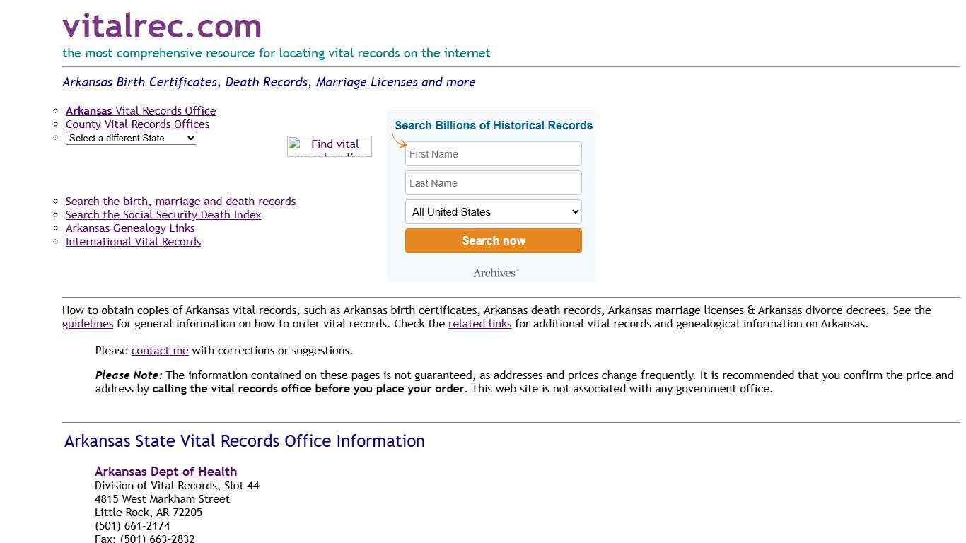 Arkansas Birth Certificate, Death Record, Marriage license and other vital records